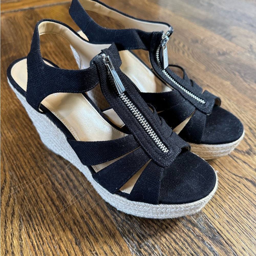 MICHAEL Michael Kors Black and Tan Wedge Sandals